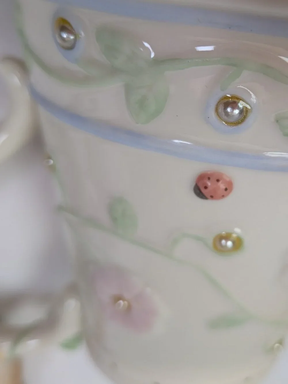 Lenox Porcelain Miniature Bird Watering Can Floral Pearl Glaze Gold Trim
